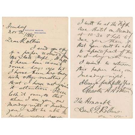 Lot #44 Chester A. Arthur Handwritten Letter Signed - Image 1