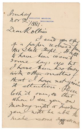 Lot #44 Chester A. Arthur Handwritten Letter Signed - Image 2