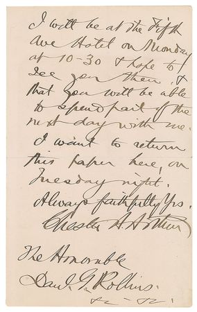 Lot #44 Chester A. Arthur Handwritten Letter Signed - Image 3