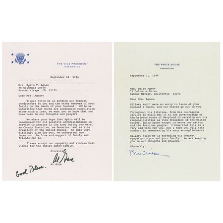 Lot #96 Bill Clinton and Al Gore: Condolences for the widow of Spiro Agnew - Image 1