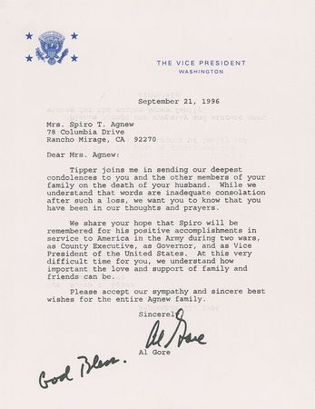 Lot #96 Bill Clinton and Al Gore: Condolences for the widow of Spiro Agnew - Image 2