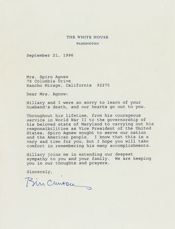Lot #96 Bill Clinton and Al Gore: Condolences for the widow of Spiro Agnew - Image 3