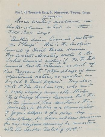 Lot #525 Sean O'Casey: Response to the controversial 