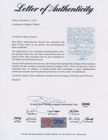 Lot #525 Sean O'Casey: Response to the controversial 