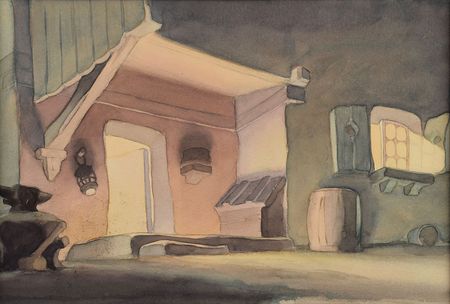 Lot #948 Dwarfs' cottage preliminary background from Snow White and the Seven Dwarfs Hand-Painted Preliminary Background - Image 1