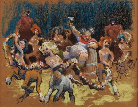 Lot #973 Bacchus, Centaurs, and Centaurettes pastel concept drawing from Fantasia Concept Drawing - Image 1