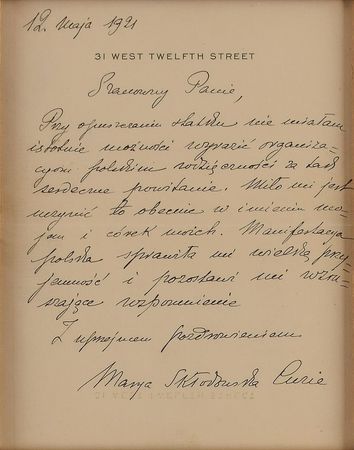 Lot #209 Marie Curie: On her first visit to America, Curie thanks 