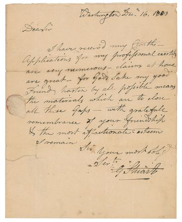 Lot #482 Gilbert Stuart: Incredibly rare letter by Gilbert Stuart to one of his sitters - Image 1