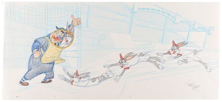 Lot #1051 Bugs Bunny and Umpire super-pan drawing by Virgil Ross Super Pan Drawing - Image 1
