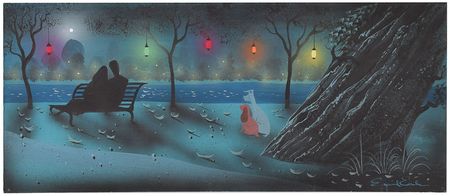 Lot #1001 Eyvind Earle panorama concept storyboard painting from Lady and the Tramp Panorama Concept Storyboard Painting - Image 1