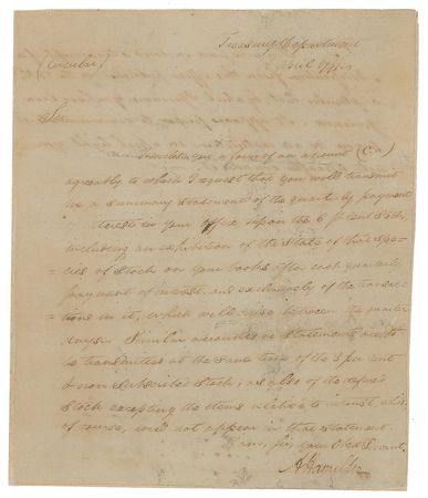 Lot #188 Alexander Hamilton: As Secretary of the Treasury, Hamilton requests 