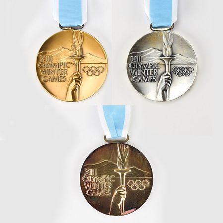 Lot #8092  Lake Placid 1980 Winter Olympics Set of Gold, Silver, and Bronze Winner?s Medals - Image 1