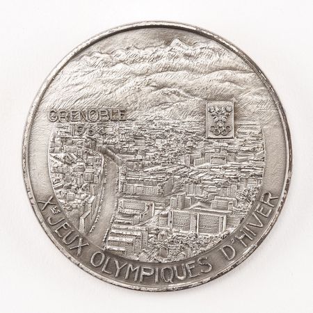 Lot #8073  Grenoble 1968 Winter Olympics Silvered Participation Medal with Box - Image 2