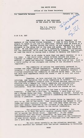 Lot #4147 George Bush Signed 'State of the Union' Press Release - Image 3