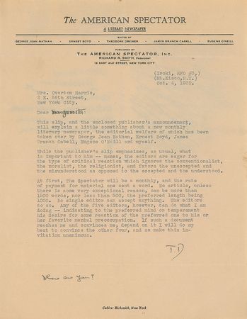 Lot #610 Theodore Dreiser Letter and Note - Image 1