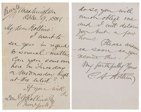 Lot #14 Chester A. Arthur: Just 20 days into his presidency, Arthur writes from Washington - Image 1