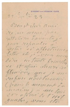 Lot #554 Claude Monet: Monet writes from Giverny gardens, concerned about 