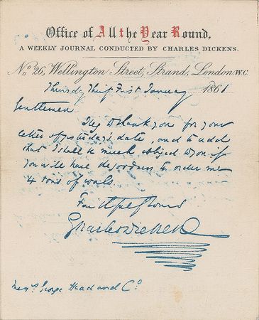 Lot #589. Charles Dickens Handwritten Letter Signed
