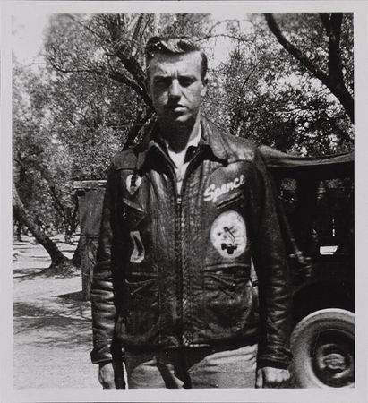 Lot #328 WWII: Spencer H. Scherer's B-17 'Hangover' 369th Bomb Squadron Flight Jacket: Extraordinary hand-painted ?Fightin? Bitin?? 8th Air Force jacket, with a piece of flak that hit the airman's bomber - Image 2