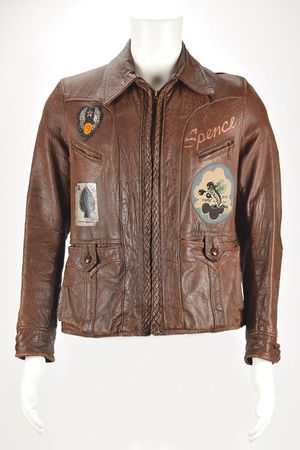 Lot #328 WWII: Spencer H. Scherer's B-17 'Hangover' 369th Bomb Squadron Flight Jacket: Extraordinary hand-painted ?Fightin? Bitin?? 8th Air Force jacket, with a piece of flak that hit the airman's bomber - Image 4