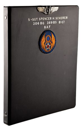 Lot #328 WWII: Spencer H. Scherer's B-17 'Hangover' 369th Bomb Squadron Flight Jacket: Extraordinary hand-painted ?Fightin? Bitin?? 8th Air Force jacket, with a piece of flak that hit the airman's bomber - Image 7