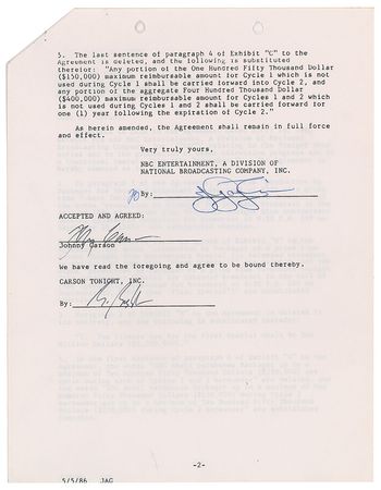 Lot #803 Johnny Carson Signed Document - Image 1
