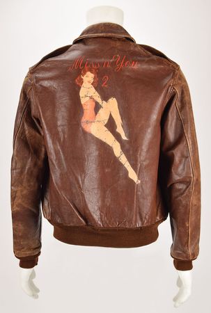 Lot #331 WWII: W. L. Walker's B-17 413th Bomb Squadron A-2 Flight Jacket: Fabulous painted pin-up jacket from a WWII flyer - Image 1