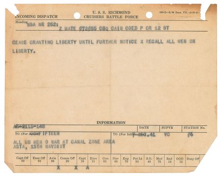 Lot #318 USS Richmond and Pearl Harbor Ship Dispatches: December 7, 1941: 
