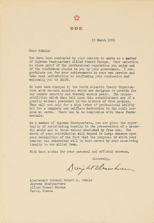 Lot #46 Dwight D. Eisenhower Typed Letter Signed to Robert L. Schulz with SHAPE Badge and Pocket Knife: 