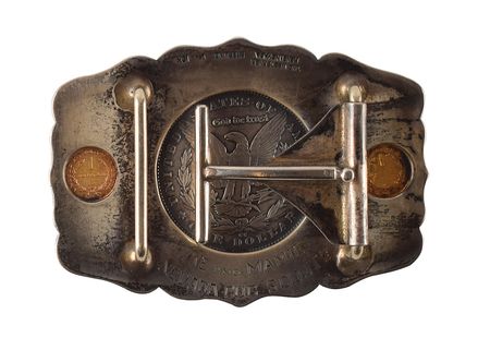 Lot #50 Dwight D. Eisenhower's Silver Dollar Belt Buckle: Ornate silver-and-gold belt buckle presented to 