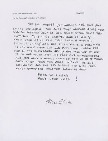 Lot #9027 Grace Slick Handwritten Lyrics