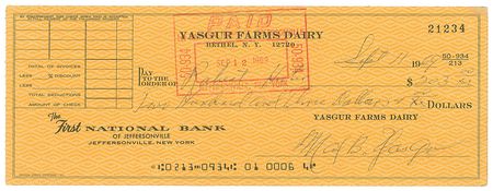 Lot #9048 Woodstock: Max Yasgur Signed Check