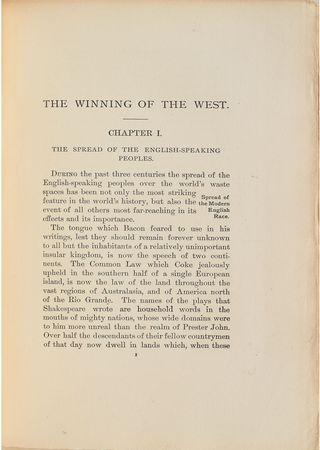 Lot #20 Theodore Roosevelt: The Winning of the West, featuring the very first handwritten page from Roosevelt's manuscript for the book: 