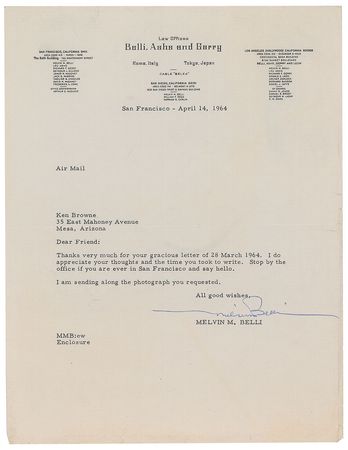 Lot #159 Melvin Belli Signed Photograph and Typed Letter Signed - Image 2
