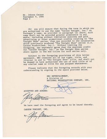 Lot #593 Johnny Carson Signed Document - Image 1