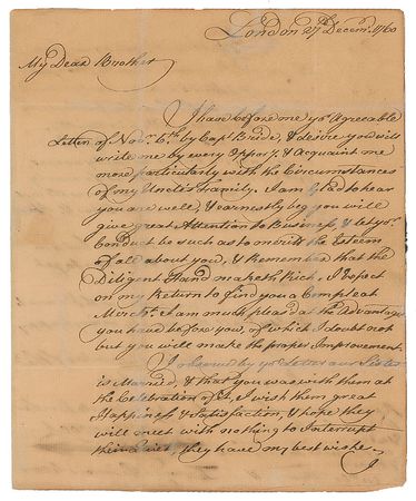 Lot #119 John Hancock: The 23-year-old Hancock writes his brother from 1760 London, relaying good wishes on their sister’s marriage and inquiring about the family slaves - Image 1