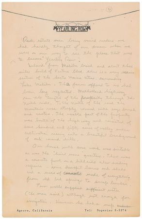 Lot #39 Ronald Reagan: Reagan's handwritten proposal for a 'Yearling Row' radio series?