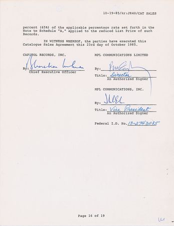 Lot #422 Beatles: Paul McCartney: McCartney signs on with Capitol Records in 1985 - Image 1