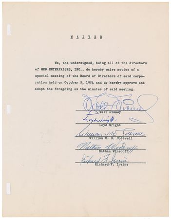 Lot #344 Walt Disney: Disneyland document signed by Disney and the board of WED Enterprises - Image 1