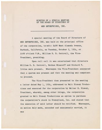 Lot #344 Walt Disney: Disneyland document signed by Disney and the board of WED Enterprises - Image 2
