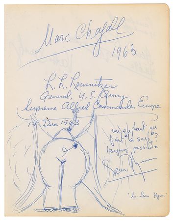 Lot #325 Marc Chagall: Unusual guestbook page with Chagall and Flynn - Image 1