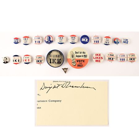 Lot #58 Dwight D. Eisenhower Campaign Buttons and Signature Pins and Signature - Image 1