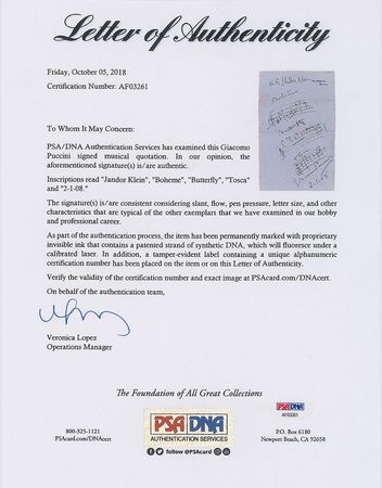 Lot #1070 Giacomo Puccini Autograph Musical Quotations Signed - Image 3