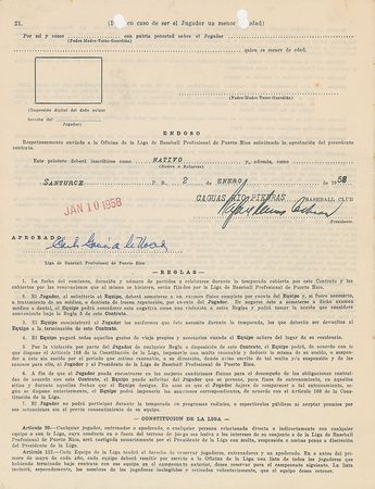 Lot #8173 Roberto Clemente 1958 Puerto Rico Winter League Signed Player Contract - Image 1