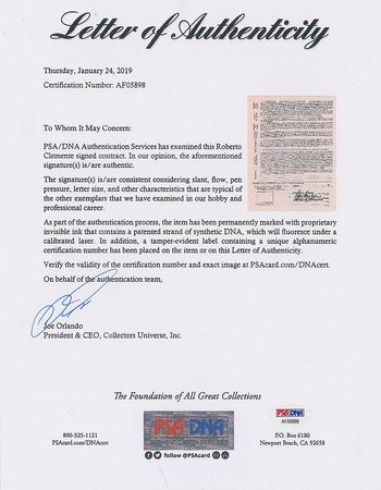 Lot #8173 Roberto Clemente 1958 Puerto Rico Winter League Signed Player Contract - Image 5