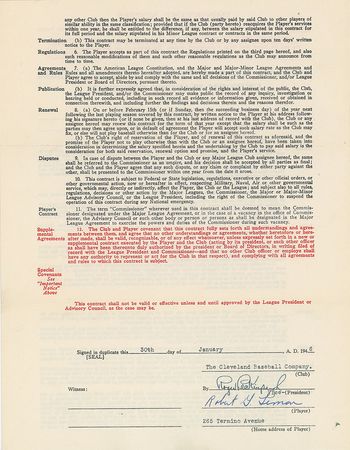 Lot #8164 Bob Lemon 1946 Cleveland Indians Signed Player Contract - Image 1