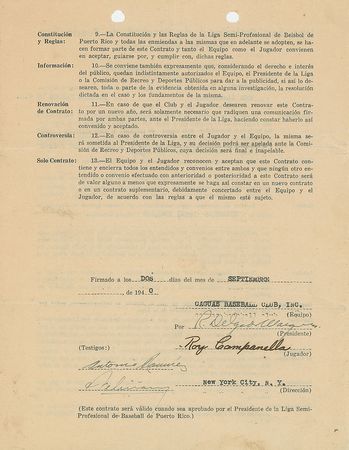 Lot #8161 Roy Campanella 1940 Puerto Rico Winter League Signed Player Contract - Image 1