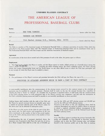 Lot #8192 Thurman Munson 1978-81 New York Yankees Signed Player Contract (Last Contract) - Image 1