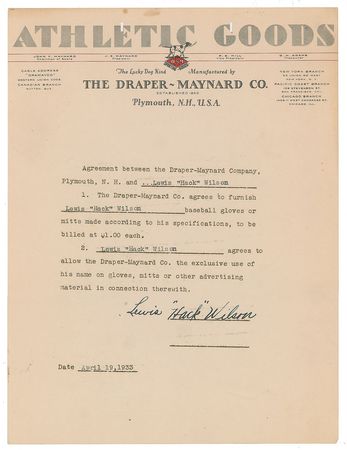 Lot #8156 Hack Wilson 1933 Draper-Maynard Baseball Glove Signed Contract - Image 1