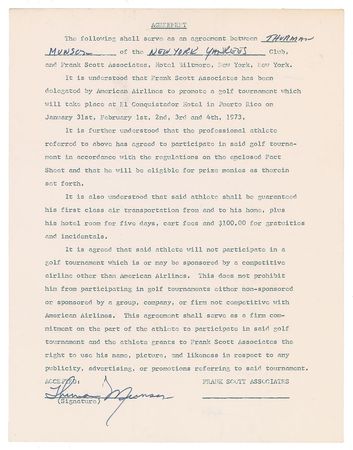 Lot #8188 Thurman Munson 1973 American Airlines Golf Tournament Signed Contract - Image 1